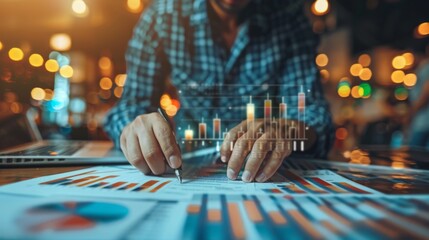 Double exposure of a financial advisor explaining investment options, overlaid with charts, graphs, and research data