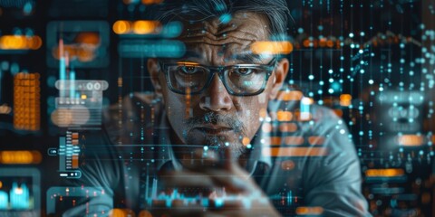 Fototapeta premium Double exposure of a financial advisor explaining investment options, overlaid with charts, graphs, and research data