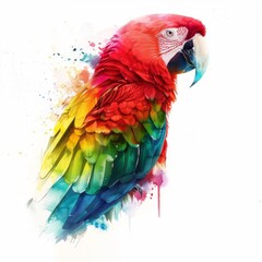 Obraz premium A watercolor painting of a parrot with vibrant red, green, blue, and yellow feathers.