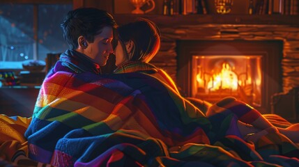A loving LGBTQ+ couple wrapped in a cozy blanket, sitting by a fireplace and enjoying a quiet evening together