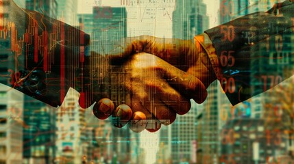 Double exposure of a handshake overlaid with investment charts and research data, representing business finance and partnerships
