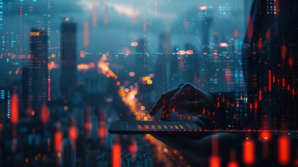 Fototapeta premium Double exposure of hands holding a tablet with financial data, overlaid with stock market graphs and a city skyline