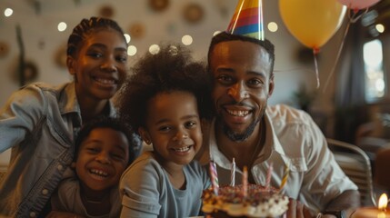Family celebrating a birthday, a small rainbow pin on the birthday hat