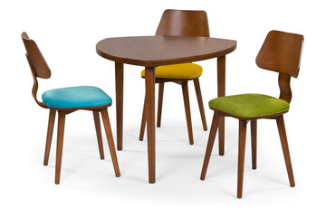 wooden dining table set isolated on white background . table and chair .