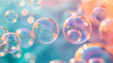 Rainbow soap bubbles on bright colorful background close up