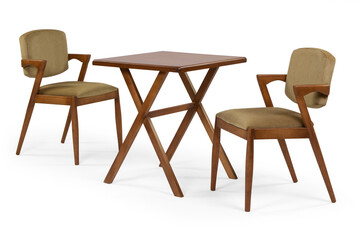 wooden dining table set isolated on white background . table and chair .