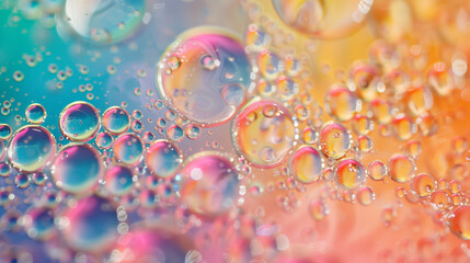 Rainbow soap bubbles on bright colorful background close up