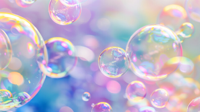 Rainbow soap bubbles on bright colorful background close up