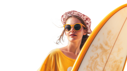 Girl with Sunglasses and Surfboard isolated on a transparent background
