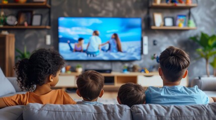 Family gathered around the TV, watching a family-friendly movie