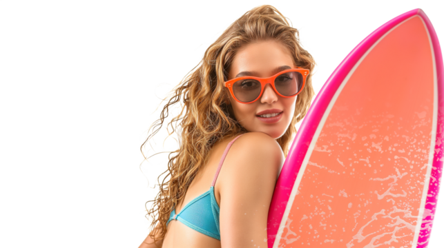 Girl with Sunglasses and Surfboard isolated on a transparent background