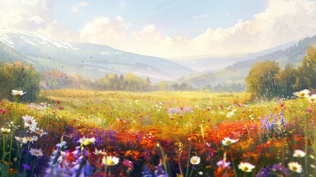 A breathtaking meadow in full bloom with vibrant wildflowers under a sunny sky, surrounded by majestic mountains and lush greenery.