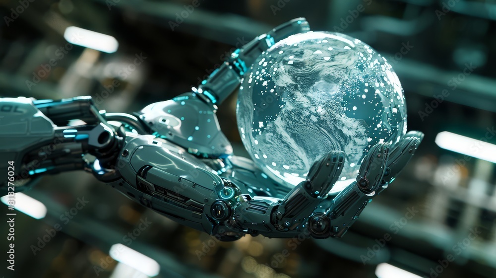 Poster a robotic hand holds a futuristic transparent globe with intricate details, symbolizing advanced tec