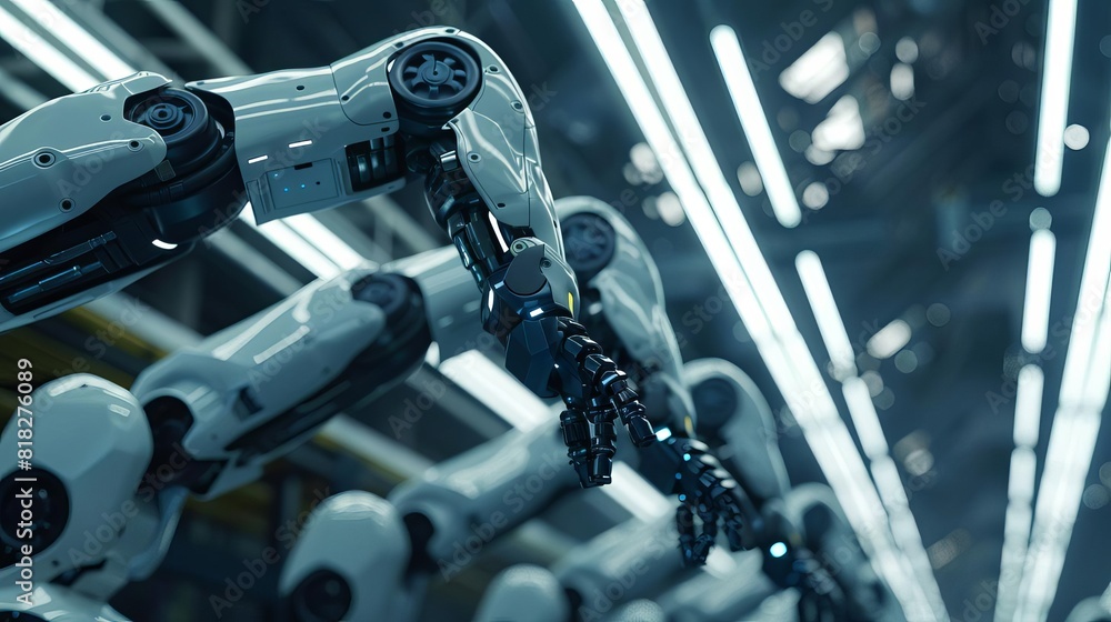 Poster futuristic robotics engineer monitoring automated arms in hightech industrial factory 3d illustratio