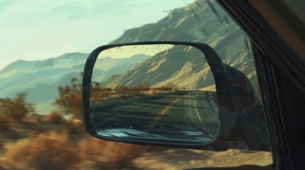 A scenic mountain road reflecting in the side mirror of a car, capturing the beauty of the journey and the rugged landscape.