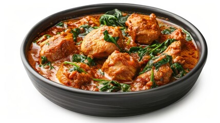 chicken vindaloo with spinach in black bowl isolated on white background indian curry dish
