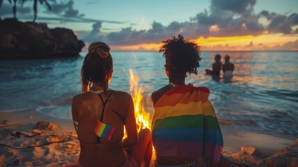 Friends at a beach bonfire, one person with a rainbow towel over their shoulde