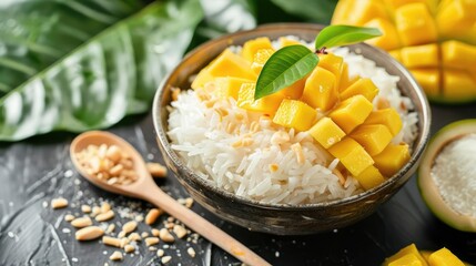 Mango Sticky Rice  A traditional Thai dessert featuring sticky rice, ripe mango, and coconut milk
