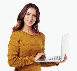 Happy woman, web designer and laptop for software development or algorithm update isolated in...