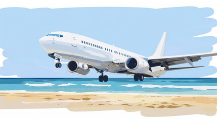 Obraz premium A plane is flying low over a beach, with the sea and sky blending together in the background.