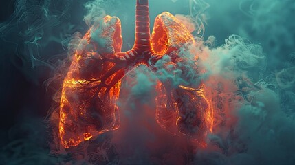 3D illustration of human lungs engulfed in smoke, symbolizing respiratory health issues. Artistic representation of lungs.