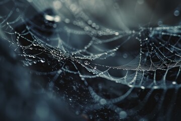 Dew covered spider webs on a dark background with water droplets