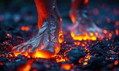 A close-up of feet walking on hot, glowing embers, showcasing the challenge and resilience involved in firewalking.