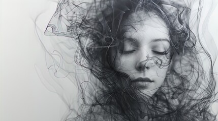 Fototapeta premium Abstract illustration of a woman's face with closed eyes, surrounded by swirling black lines. Digital art portrait in monochrome. Concept of introspection and meditation.