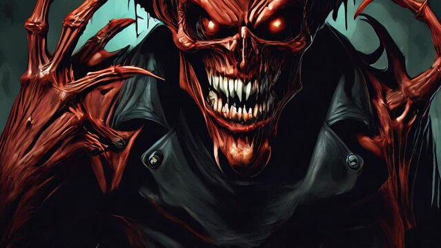 A creepy demon with horns and glowing red eyes against a background of fire.
Concept: Halloween, horror, dark magic, demonic presence, nightmares.
