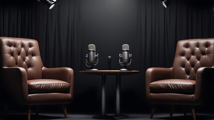  Two chairs and microphones in podcast or interview room isolated on dark background designs as a wide banner for media conversations or podcast streamers concepts with copy space design. 