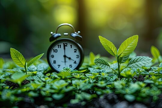 Vintage alarm clock amidst green leaves under the rays of sunlight, representing the concept of time and growth in nature.