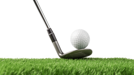 Golf ball on tee and golf club with fairway isolated on a transparent background