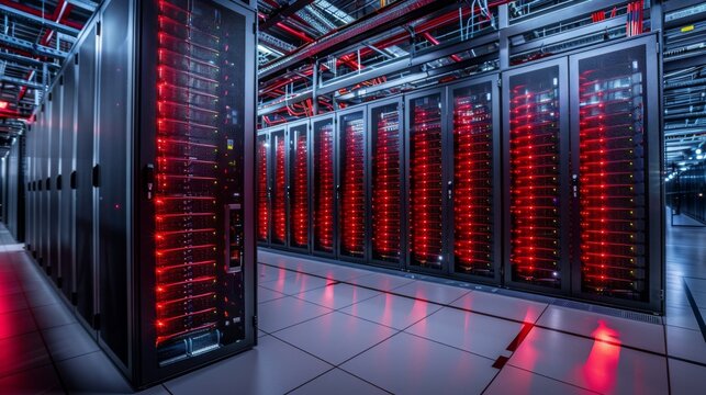 High-detail photo of a data center with modular server racks and scalable cloud storage solutions