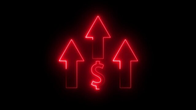 Glowing neon line of dollar sign icon and up arrow isolated on transparent background. Money, profit, investment, growth business, economy, finance and success concept.  