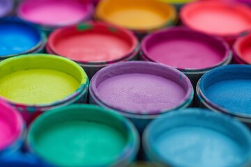 Fototapeta premium Colorful watercolor paint pots in a row