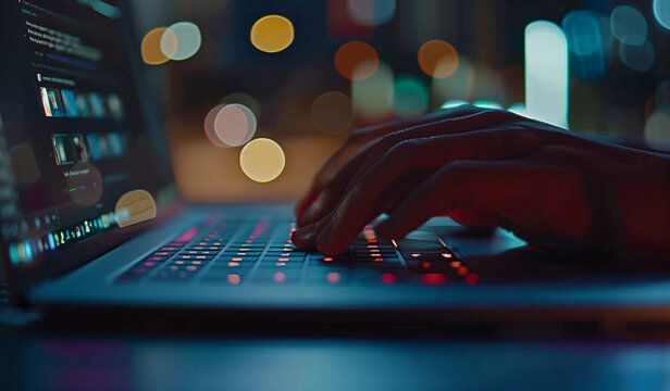 Closeup of hand typing on laptop with video player interface showing, blurred background