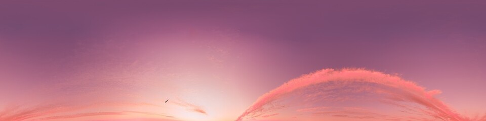 Sunset sky with bright glowing pink Cirrus clouds. Seamless spherical HDR 360 panorama. Full zenith...