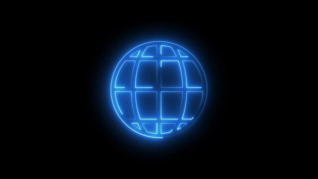 Neon globe icon cyan purple color glowing animation black background. Animated neon globe symbol.