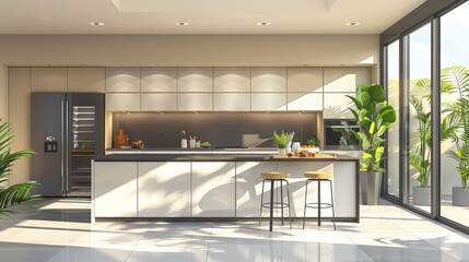 High-quality illustration of a contemporary kitchen with a minimalist design and integrated appliances