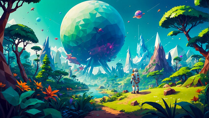 Highly detailed illustration of an astronaut exploring a new and vibrant planet low poly art