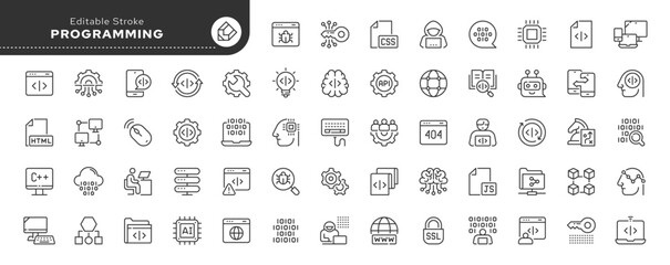  Series - Programming and coding. Set of line icons in linear style. Outline icon collection. Conceptual pictogram and infographic.