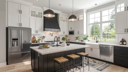 High-quality illustration of a modern kitchen with a combination of matte black and white cabinetry, and stainless steel appliances