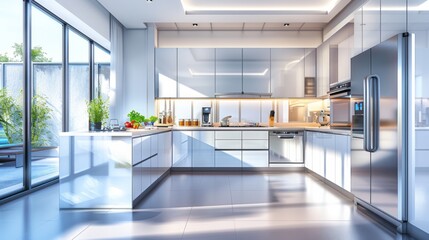 High-quality illustration of a modern kitchen with frosted glass cabinets and stainless steel fixtures