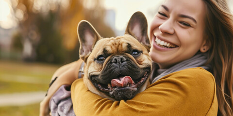 Joyful moment between a woman and her happy French Bulldog in a golden autumn park, banner, copy space