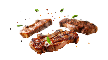 Grill Pork Chops Beef steaks, realistic 3d brisket flying in the air, grilled meat collection isolated on a transparent background