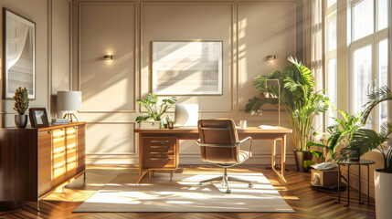 High-quality illustration of an architect's office with a minimalist design, natural light, and elegant furnishings