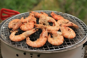 Grilled king prawns in the woods