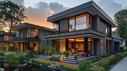 Modern Luxury Home at Dusk - Elegant modern house with large glass windows and sophisticated outdoor lighting.