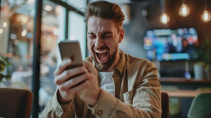 excited man celebrating online sports betting win on mobile phone application