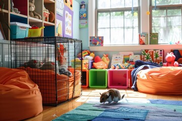 Vibrant Child's Room with Educational Posters, Cozy Hammock, and Cute Hamster in Cage for a Fun Learning Environment Design